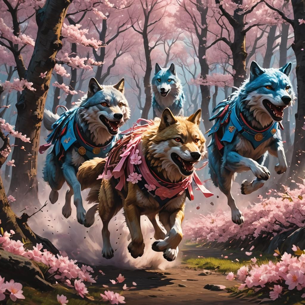 Wolf Runners in Cherry Blossom Forest