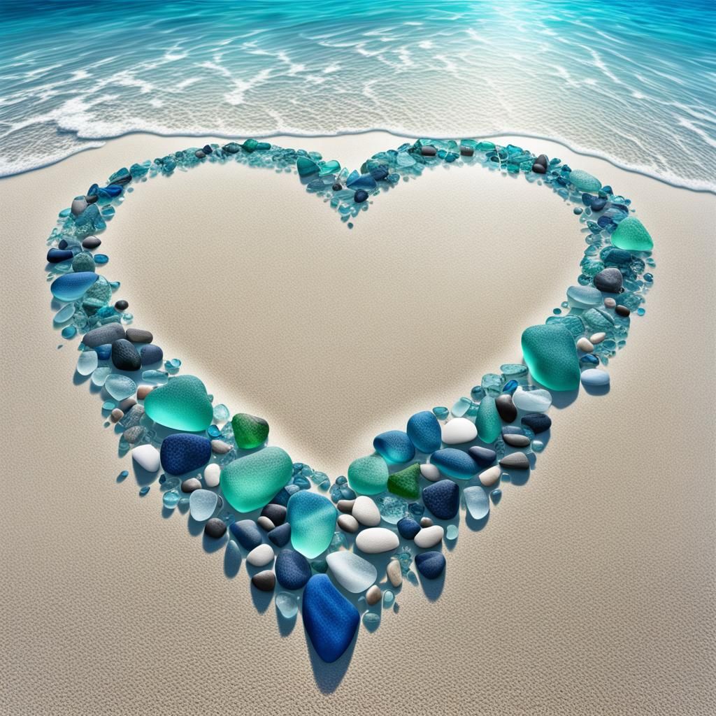 Photorealistic Sea Glass Heart on Tropical Beach