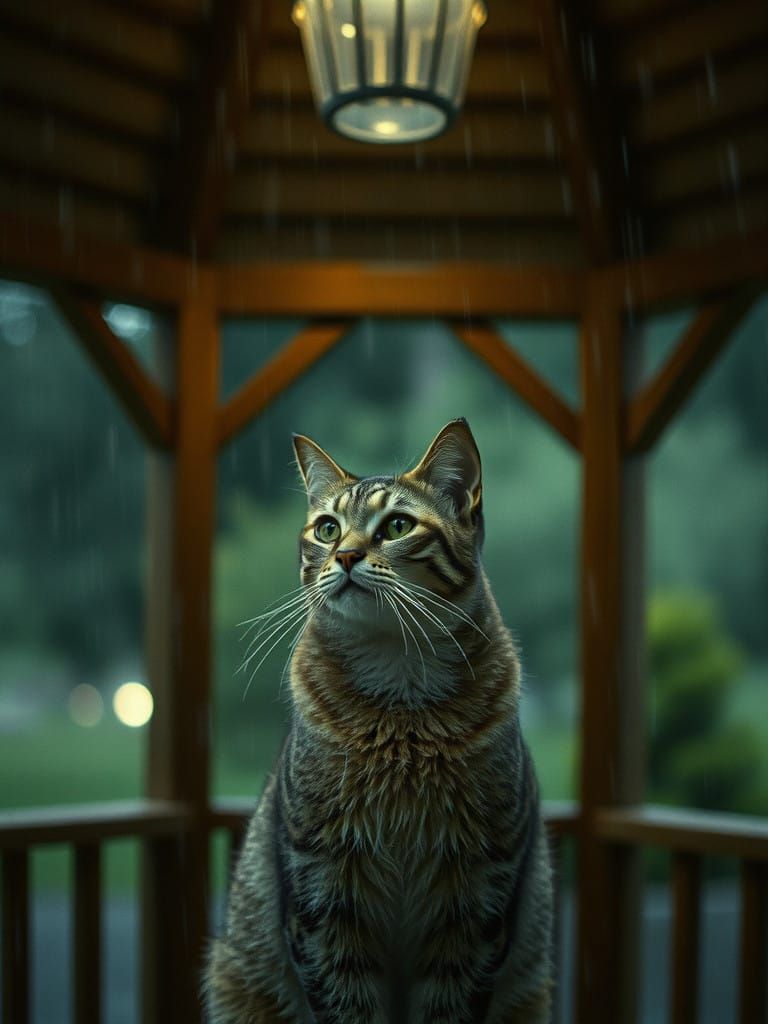 Lonely Feline Contemplation in Rainy Gazebo