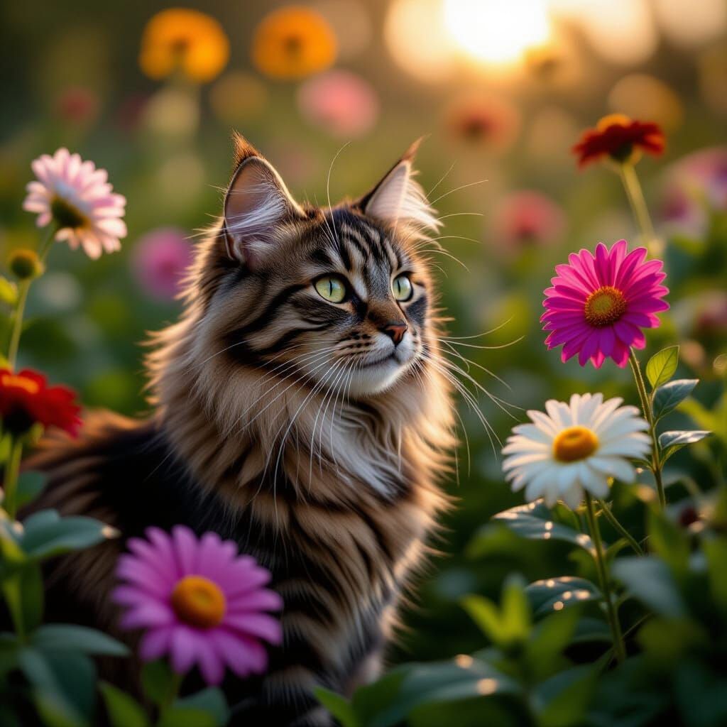 Shimmering Cat Surrounded by Vibrant Flowers