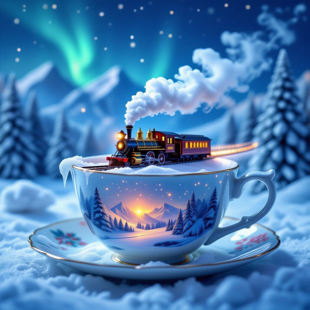 Whimsical Teacup Scene: Snowy Wonderland with Miniature Trai...
