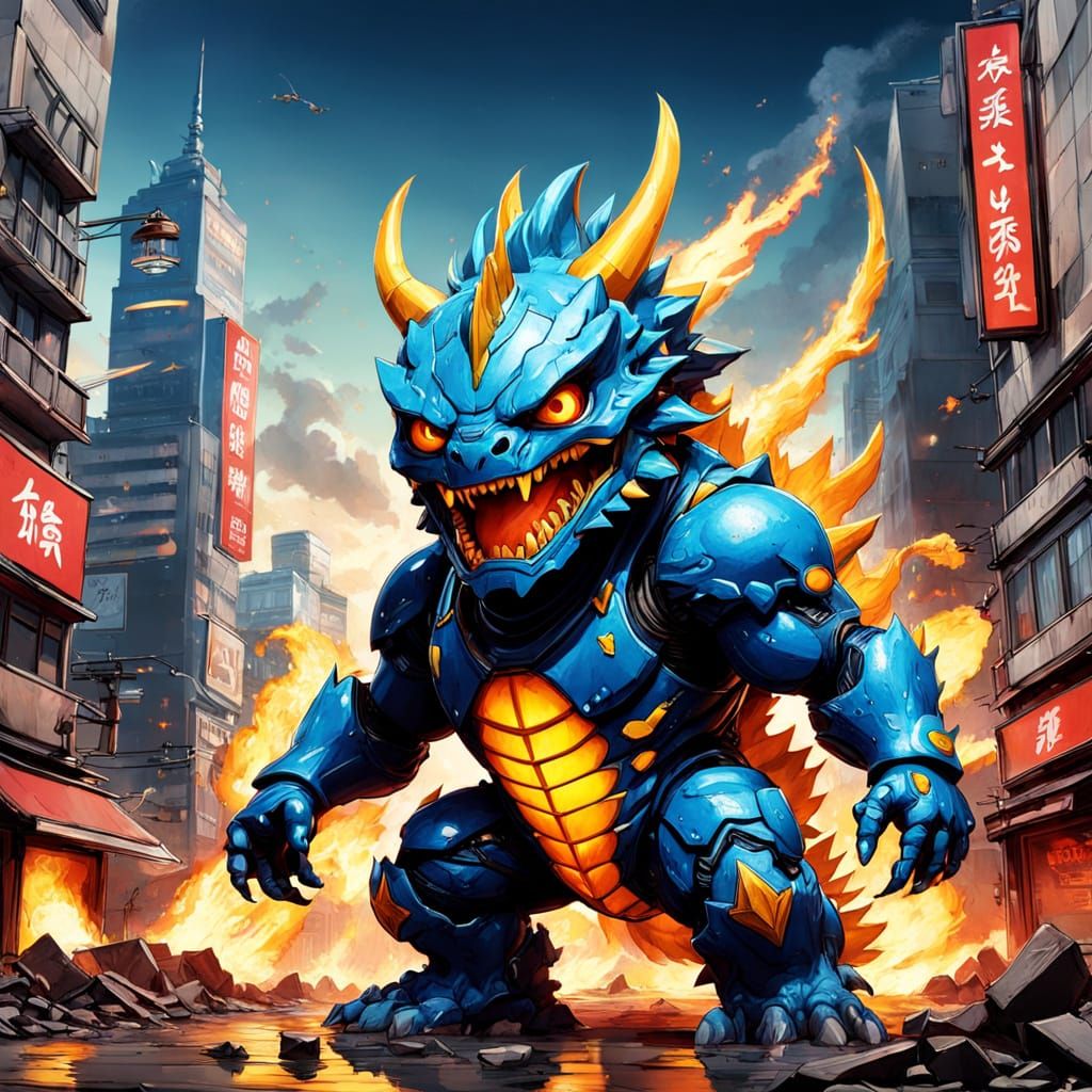 Chibi Kaiju Engage in Lively Battle Amidst Vibrant Japanese ...