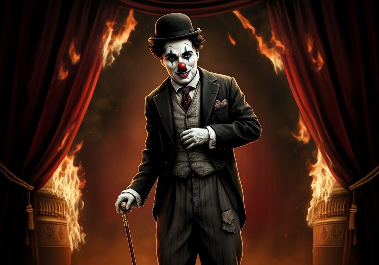 Sinister Clown in Burning Theater, Expressionist Style