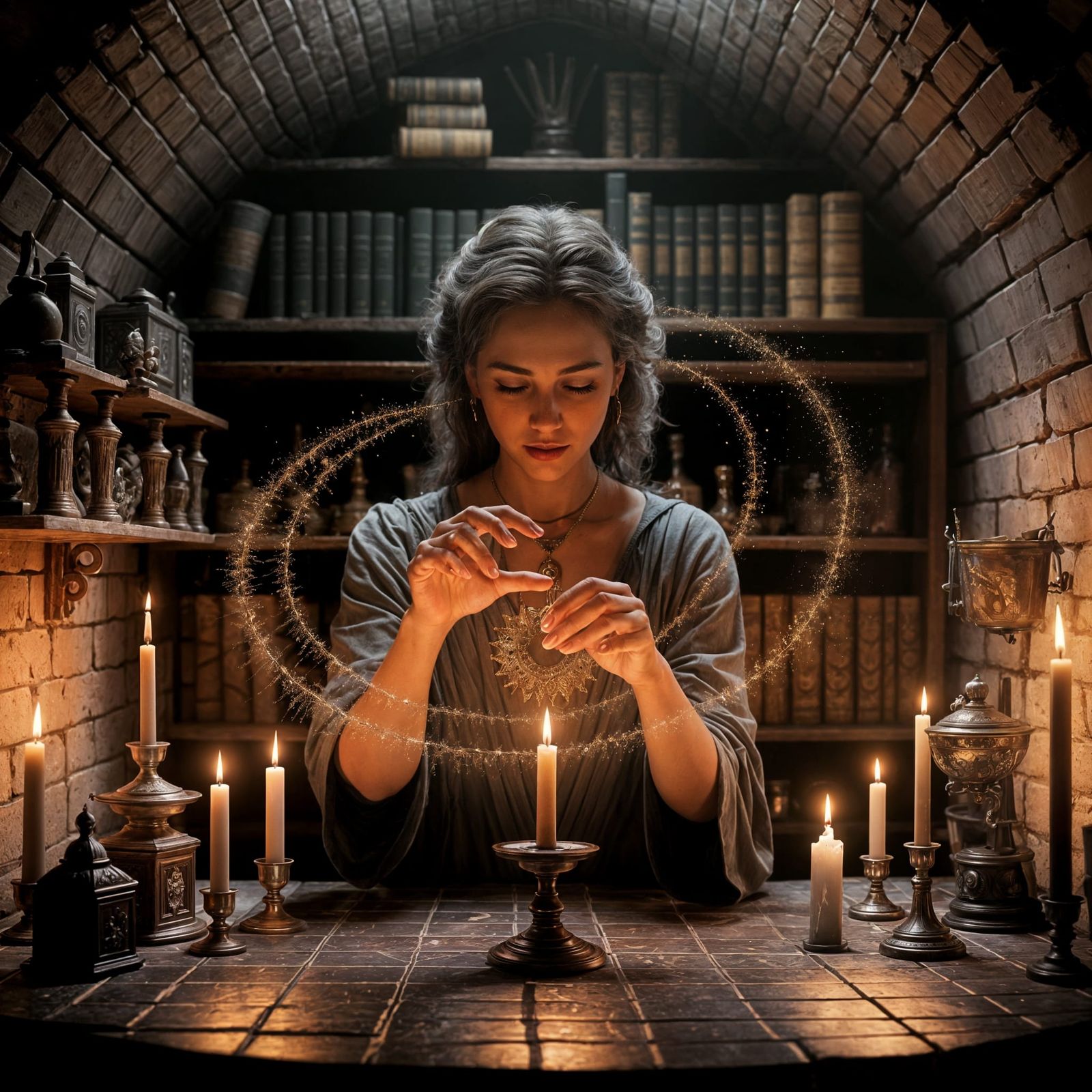 Woman Performing Magic in Workshop, Maximalist Digital Art