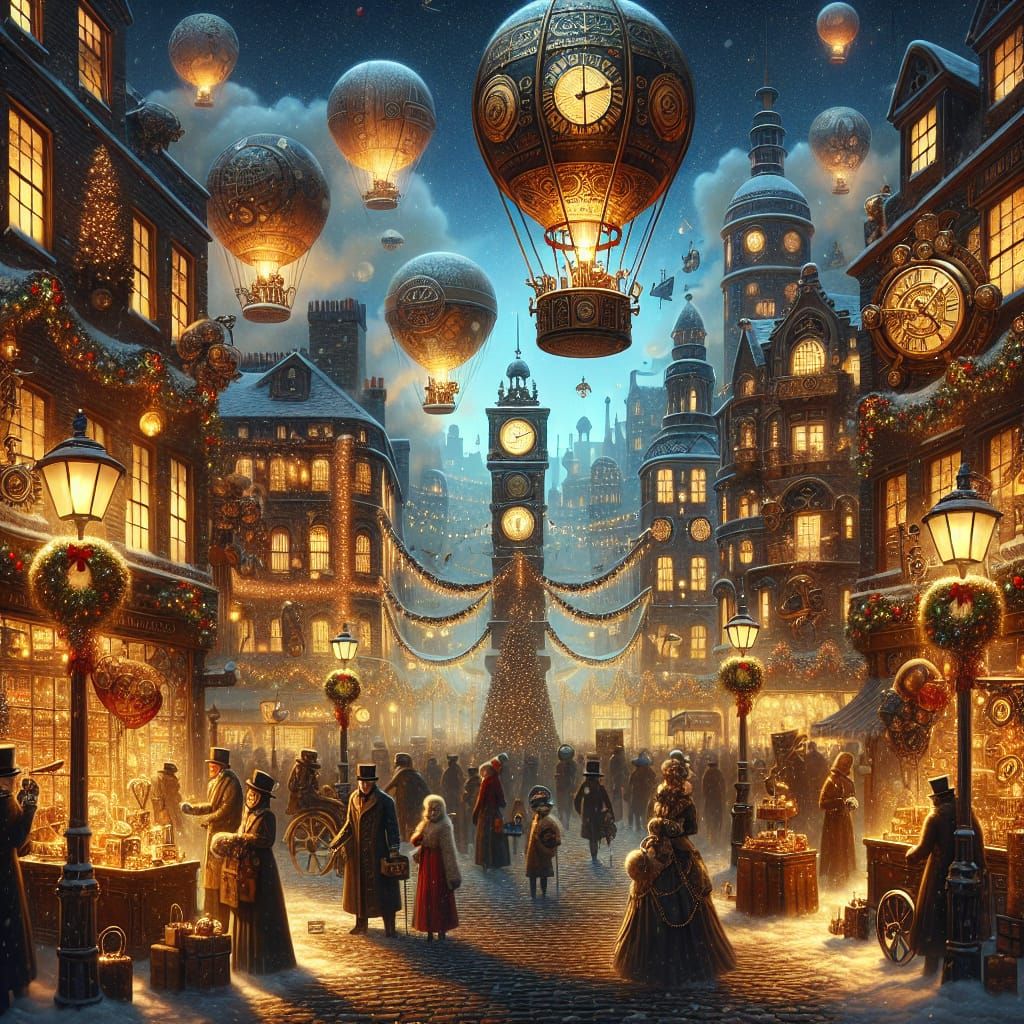 Festive Steampunk Cityscape at Dusk with Balloons