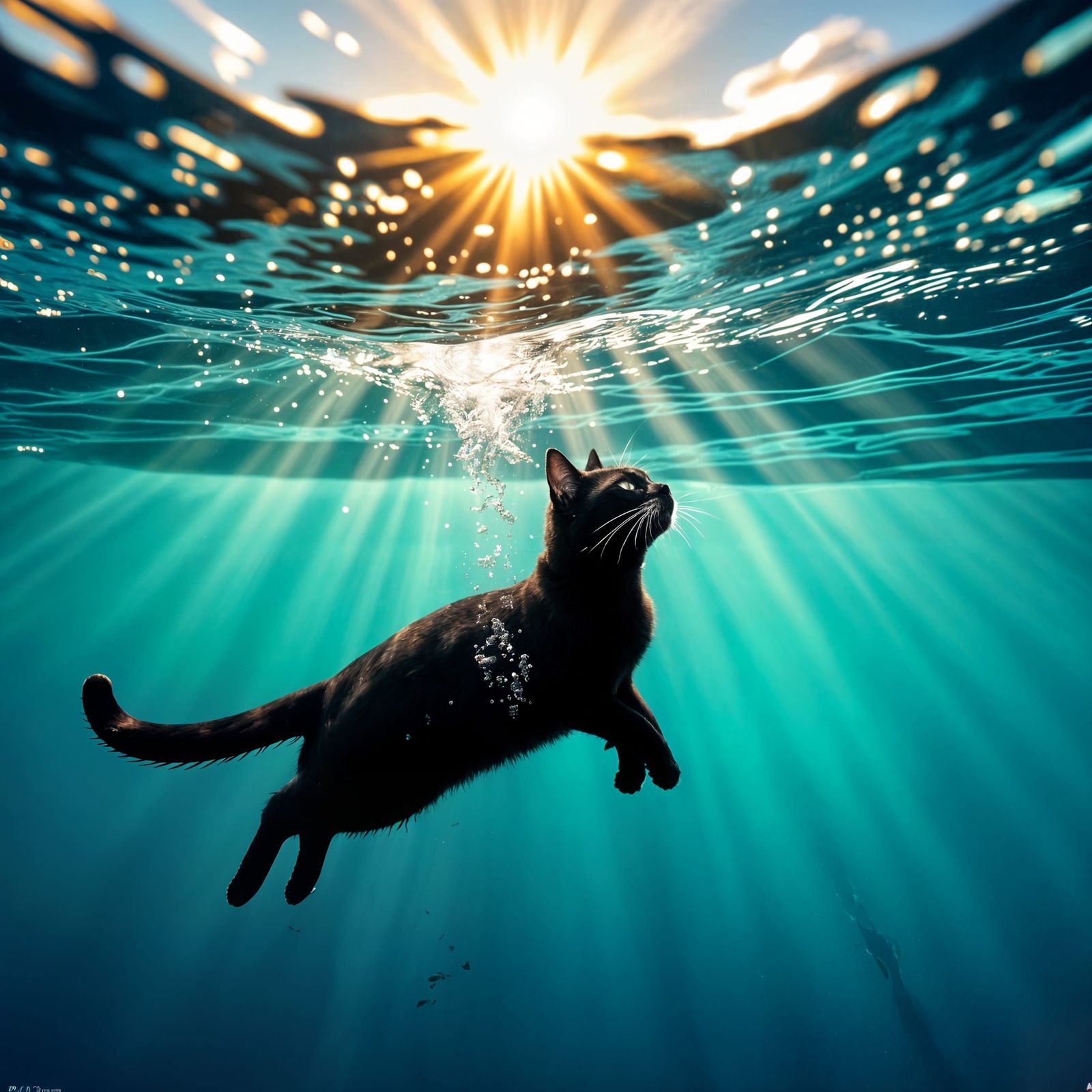 Black Cat Swims Underwater Towards Sunlight