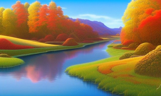Lush River Valley Digital Painting at Sunset