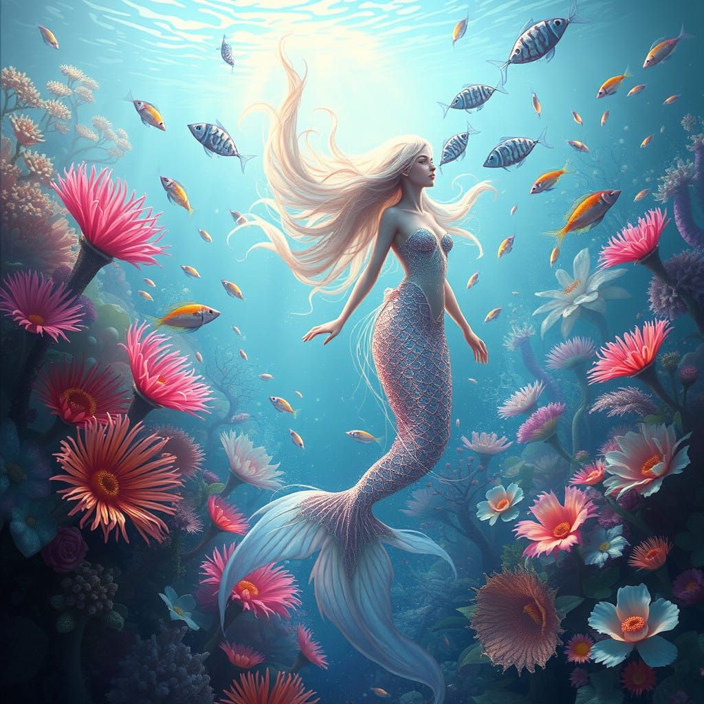 Luminous Mermaid Amidst Opalescent Sea Garden