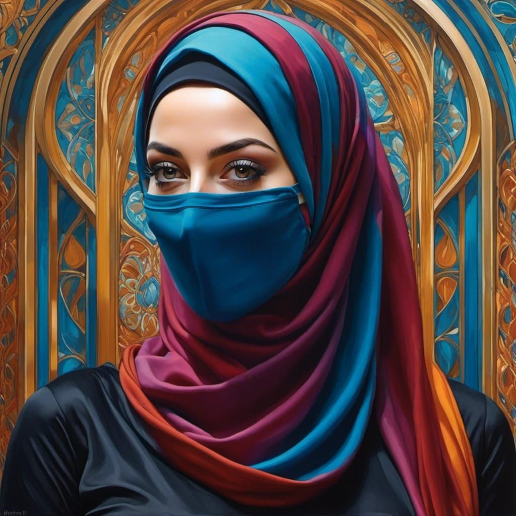 Striking Oil Painting of a Masked Hijabi Woman