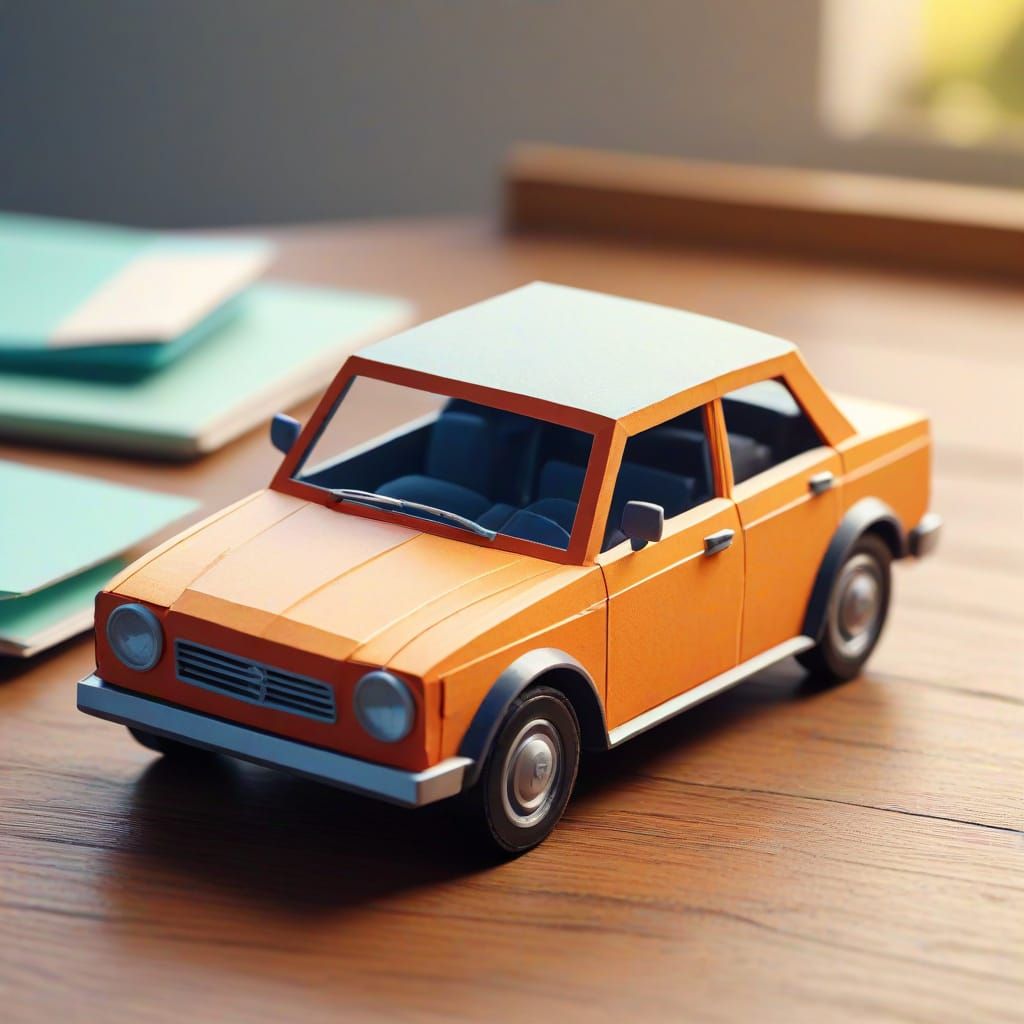 Colorful Low-Poly Paper Toy Car on Desk
