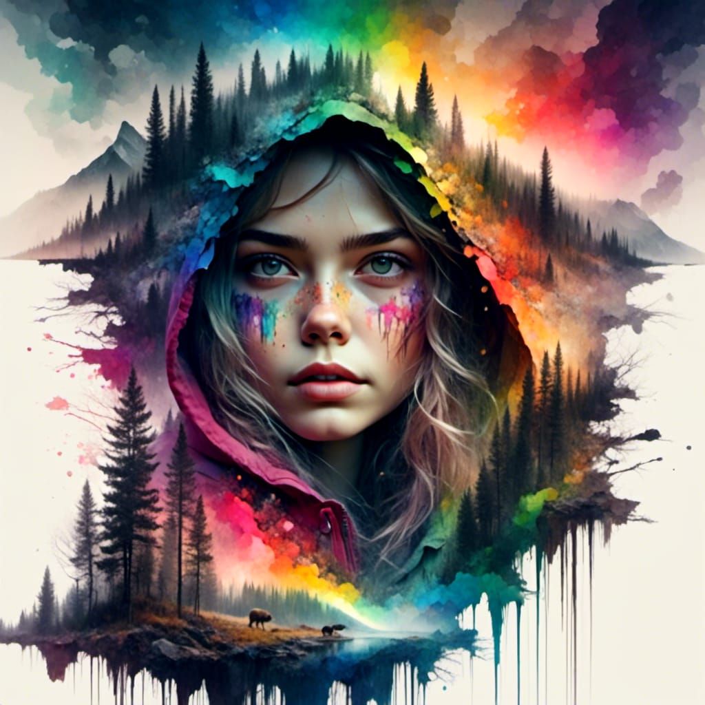 Rainbow Riding Hood in Digital Watercolor Illustration