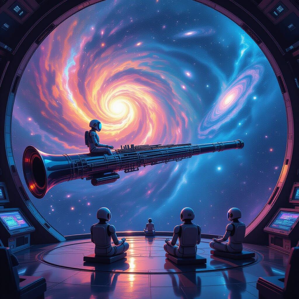 Bassoon Spaceship in Iridescent Galaxy with Meditating Robot...