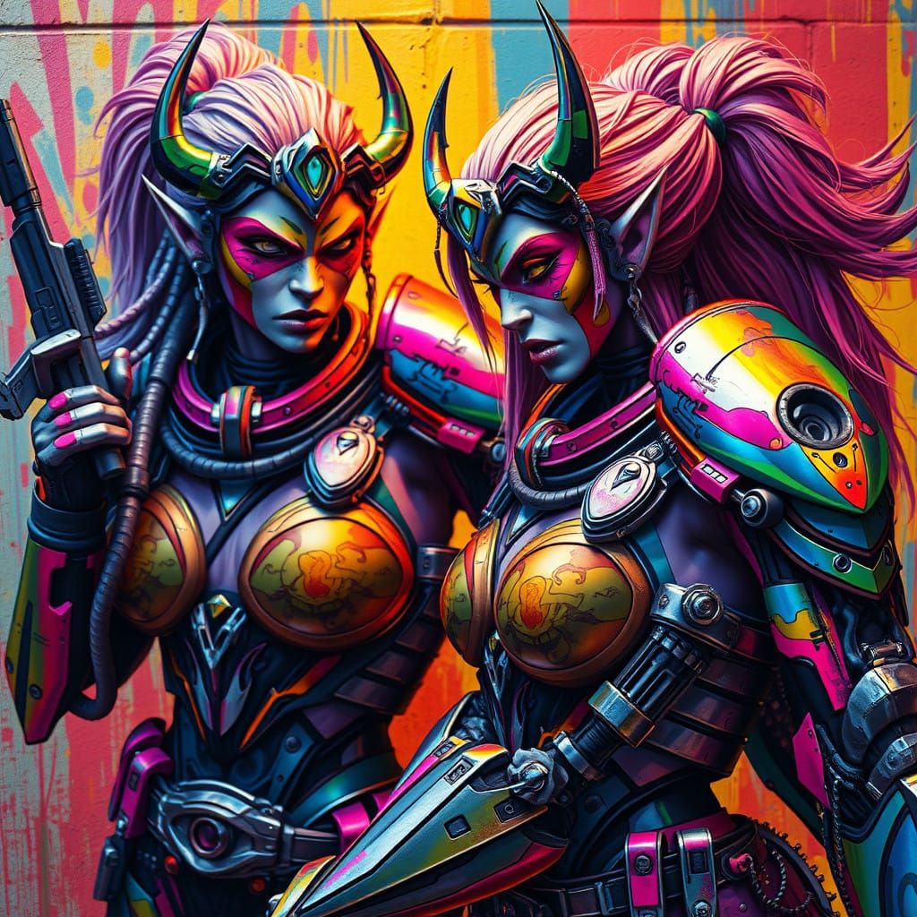 Cybernetic Orc Warriors in Vibrant, High-Tech Armor