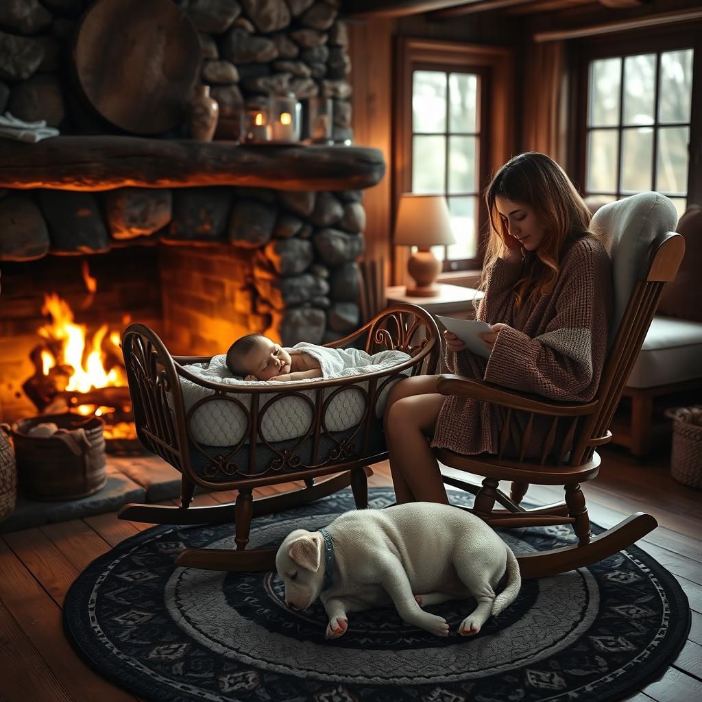 Cozy Cottage Scene with Baby, Puppy, and Mother