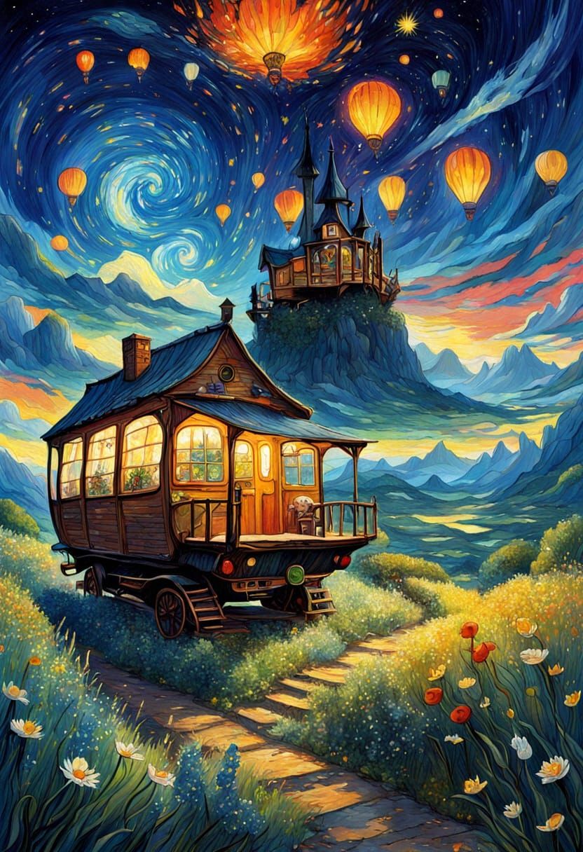 Whimsical Sci-Fi Fairytale Art: Van Gogh and Ghibli