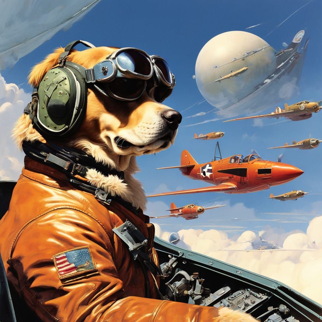 Golden Retriever Fighter Pilot in Vintage Flight Suit