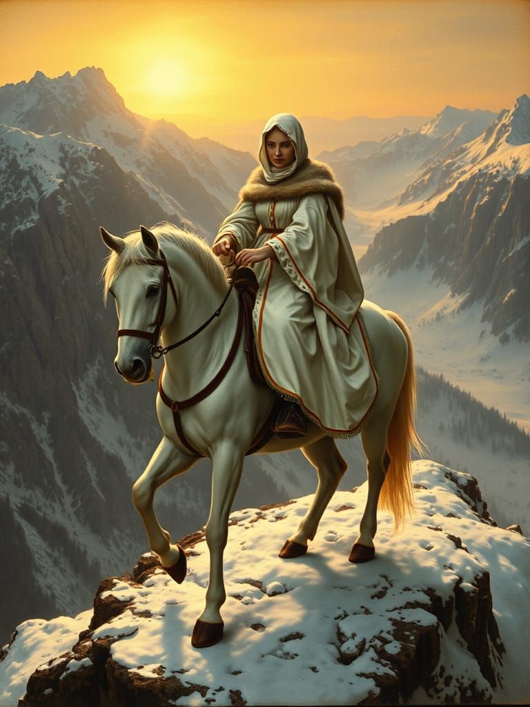 Highborn Lady on White Horse in Winter, Renaissance Style