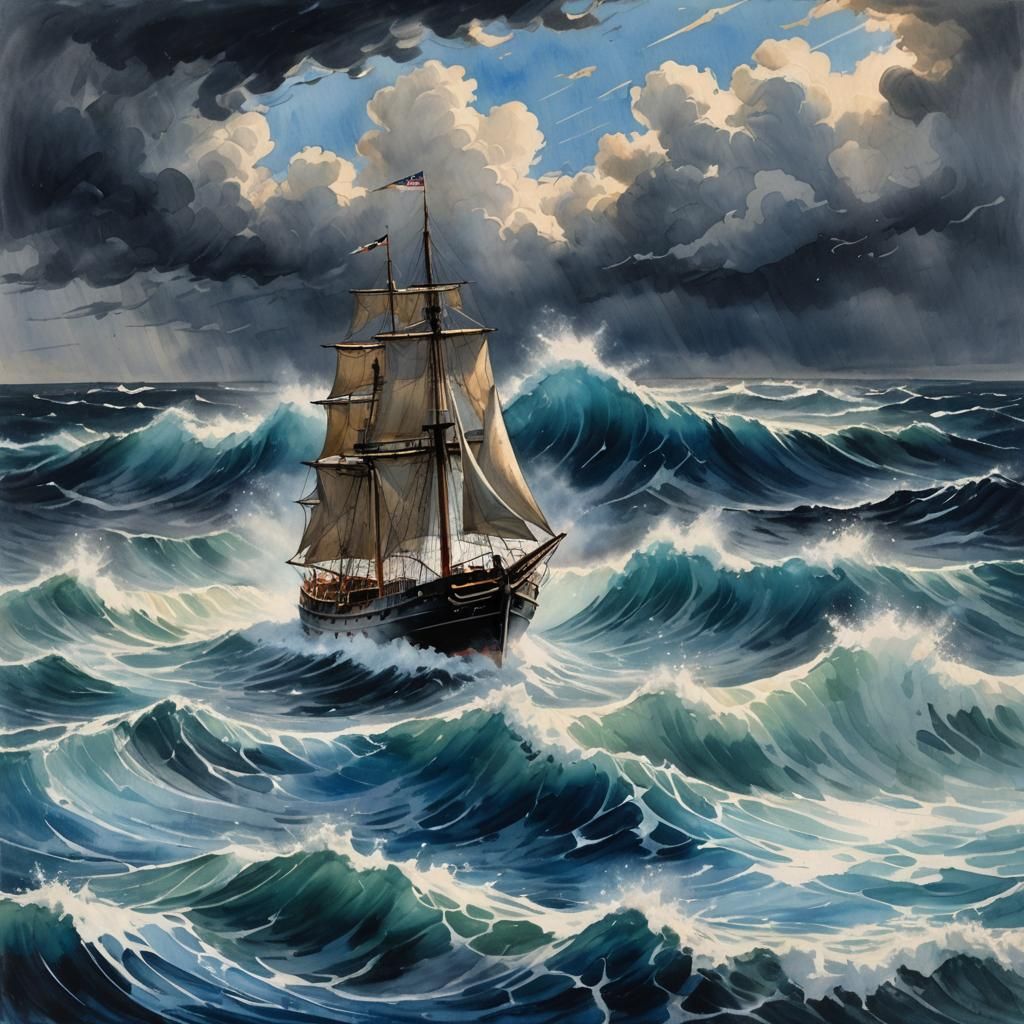 Ship on Stormy Sea: Impressionist Gouache Painting
