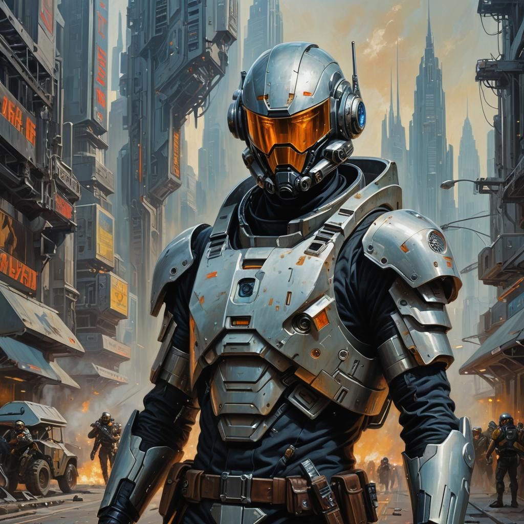 Cybernetic Legionnaire in Retro-Futuristic Cityscape