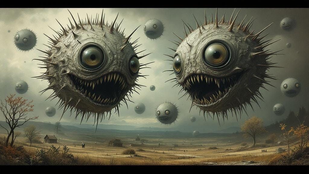 Monstrous Bio-Organic Spheres in Surreal Landscape