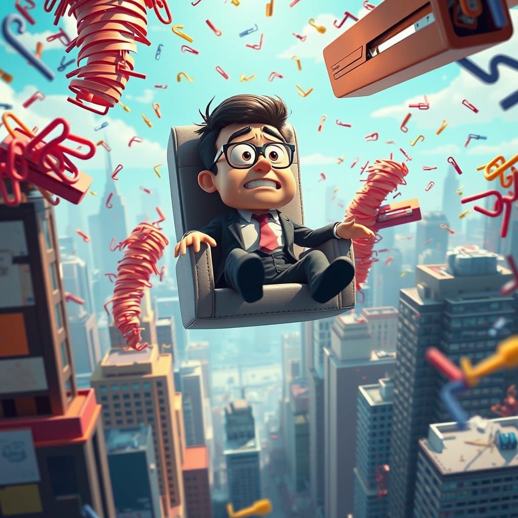 Bob's Cubicle Throne: A Comedic Pixar-Style Scene