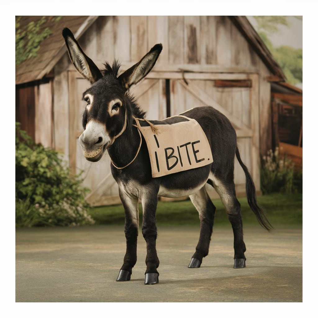 Playful Donkey with a Funny Sign on a Farm