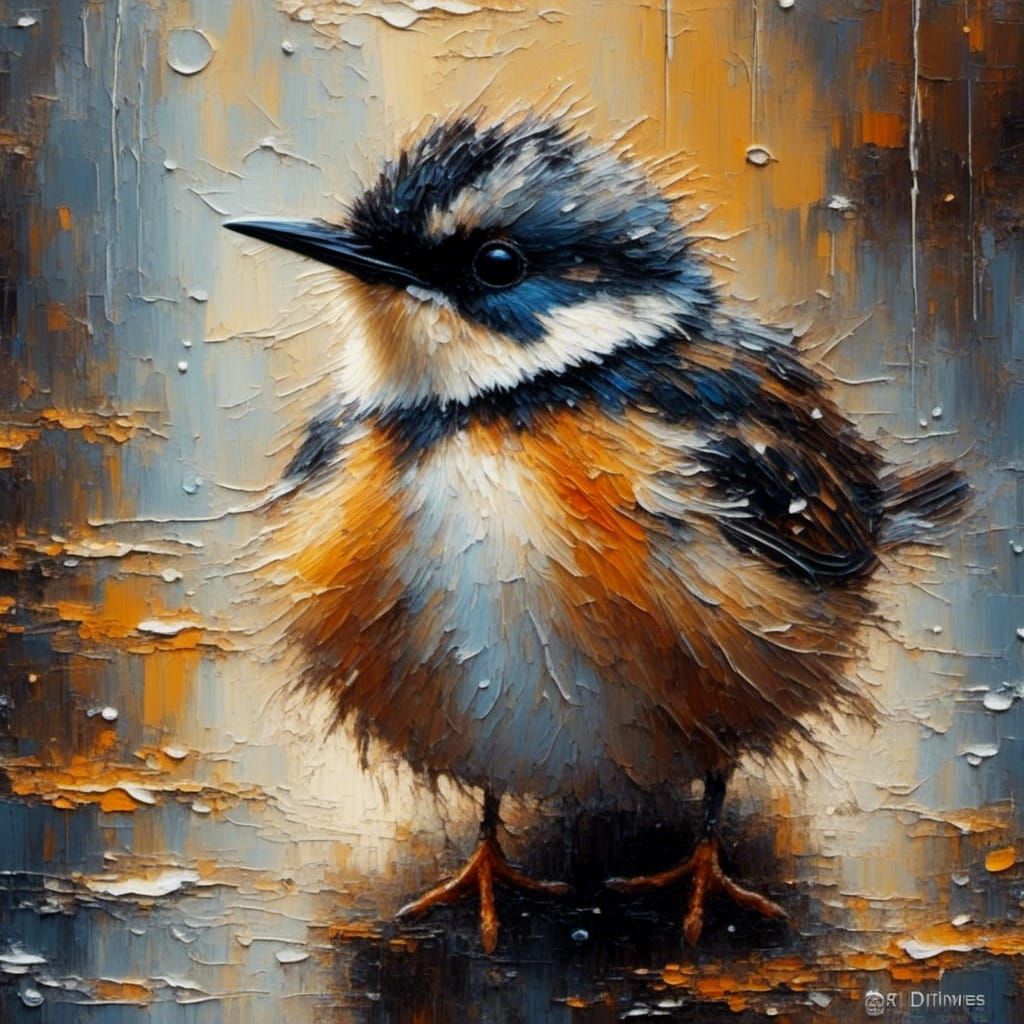 Fluffy Bird in Rainy Puddle: Grungy Oil Painting