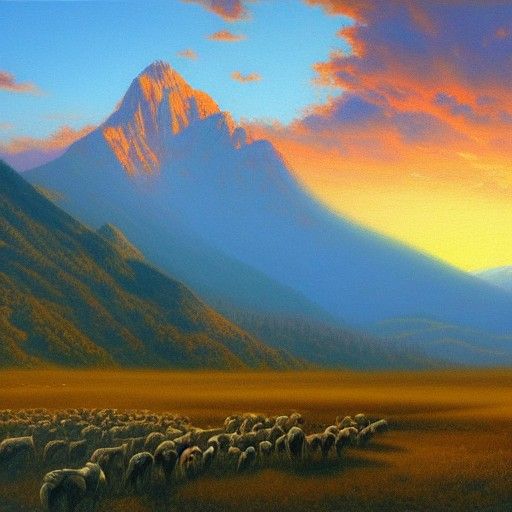 Majestic Mountain Sunset: Oil Painting Landscape