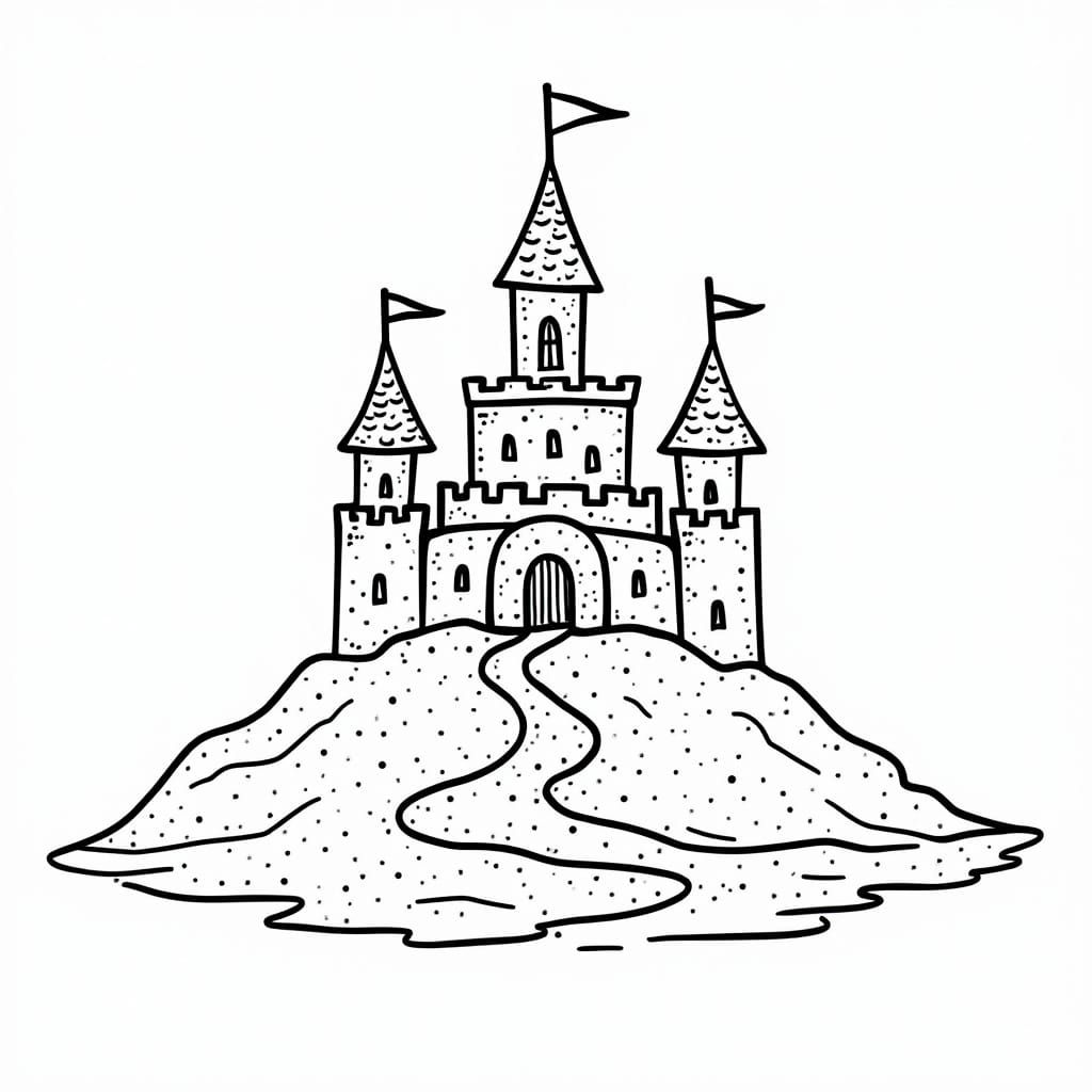 Simplistic Black and White Sand Castle Illustration for Kids