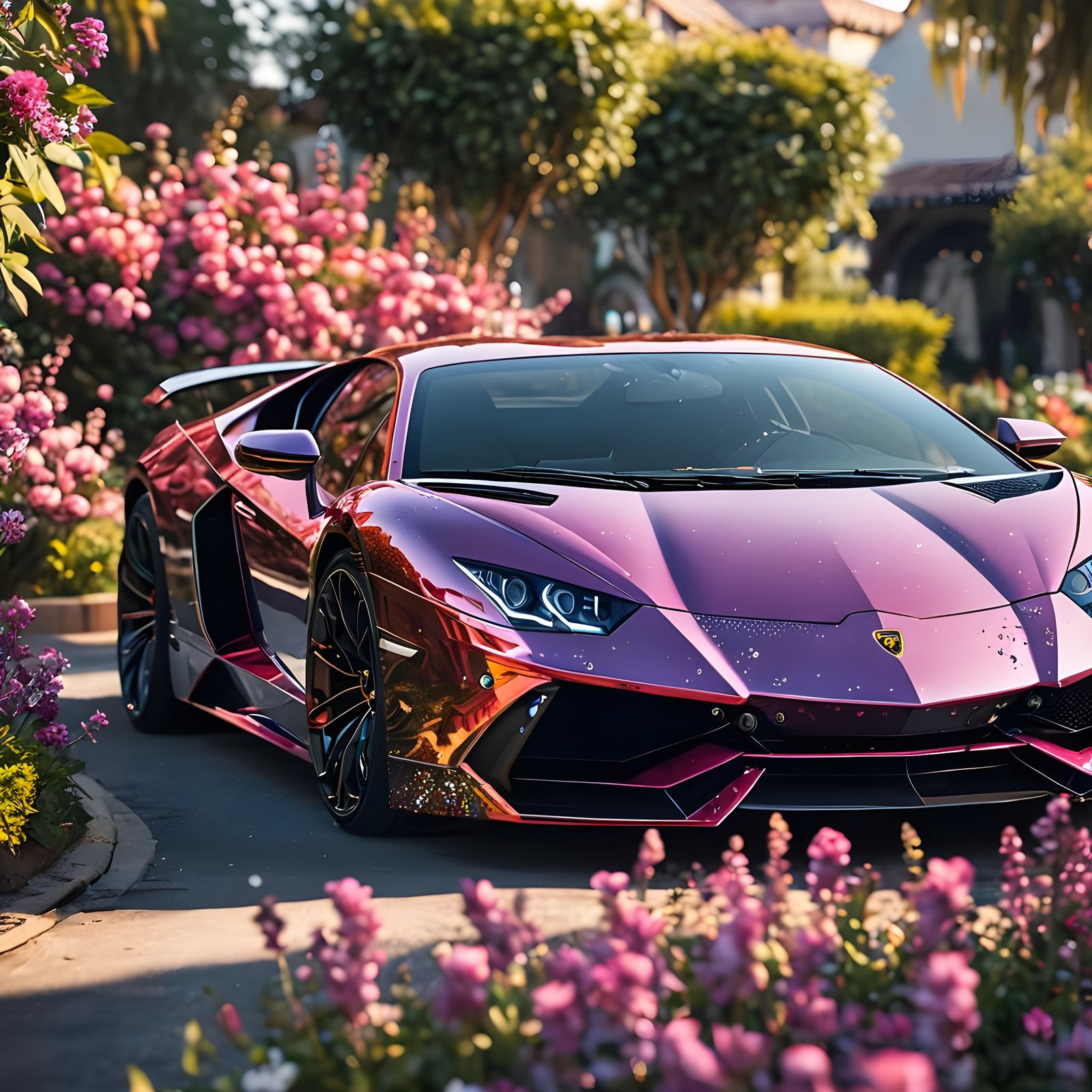 Crystal Lamborghini in Floral Setting, Digital Art