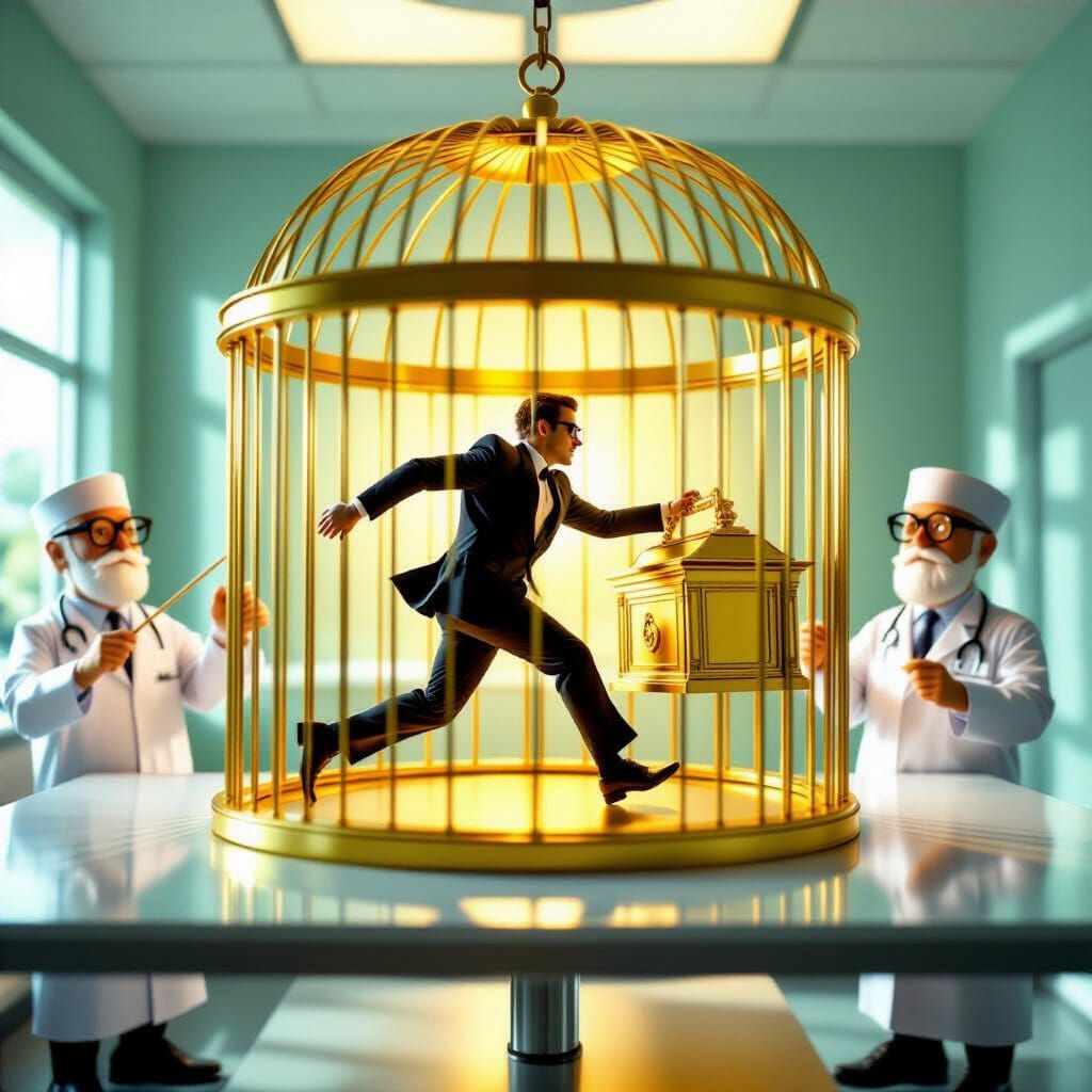 Surreal Banker Pushing Treasure in Golden Cage