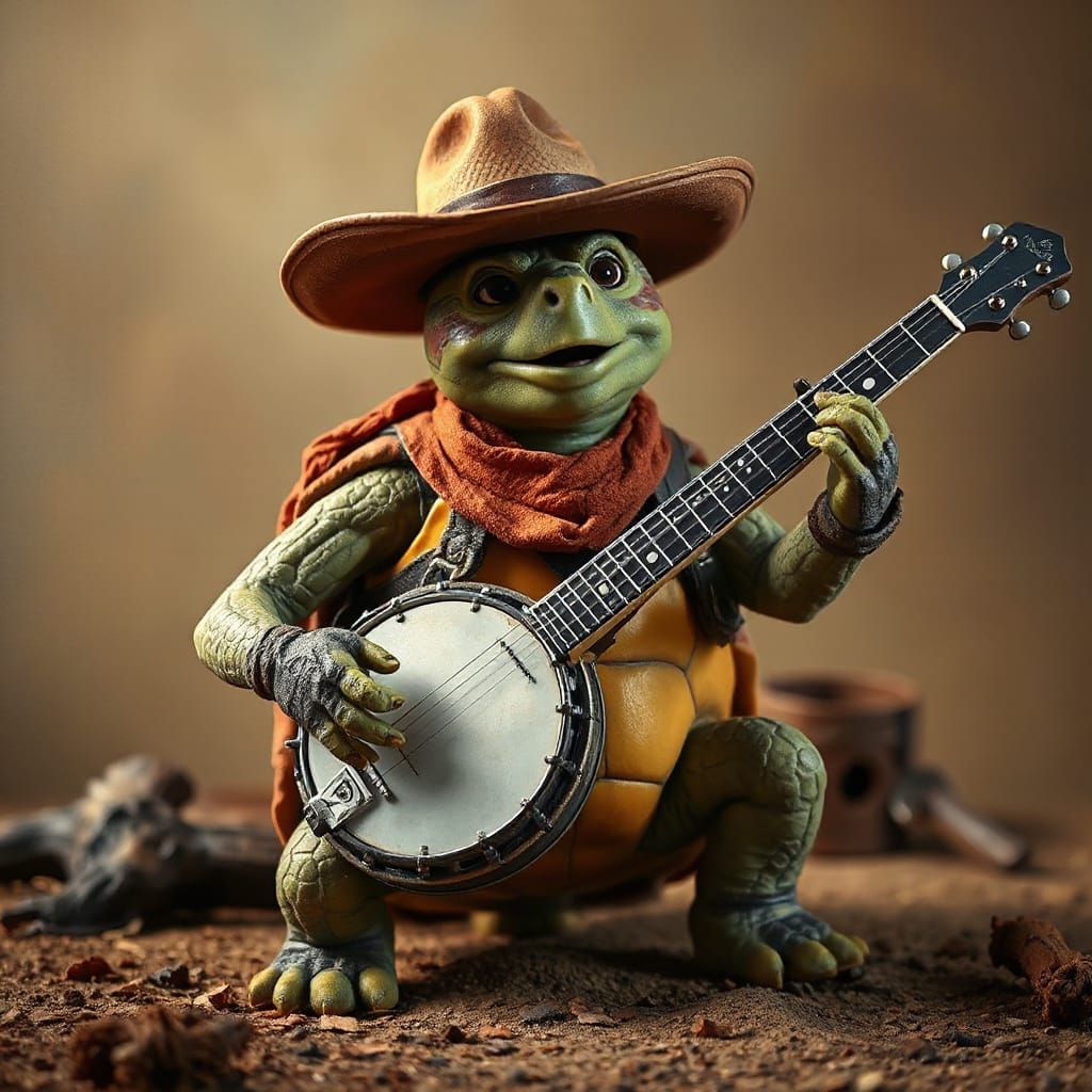 Turtle Plays Banjo in Wild West Setting
