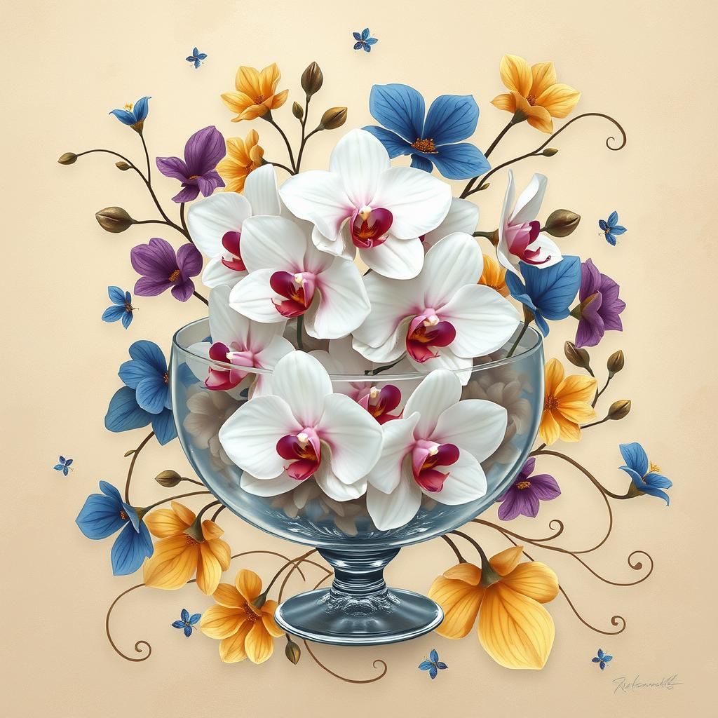 Art Nouveau Orchids in Glass Bowl