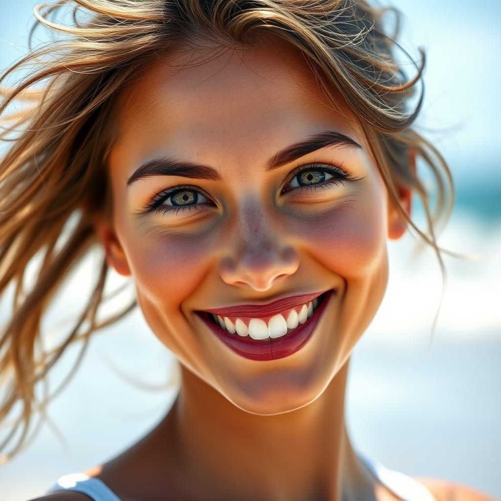Radiant Woman Smiling in Sunlit Beach Portrait