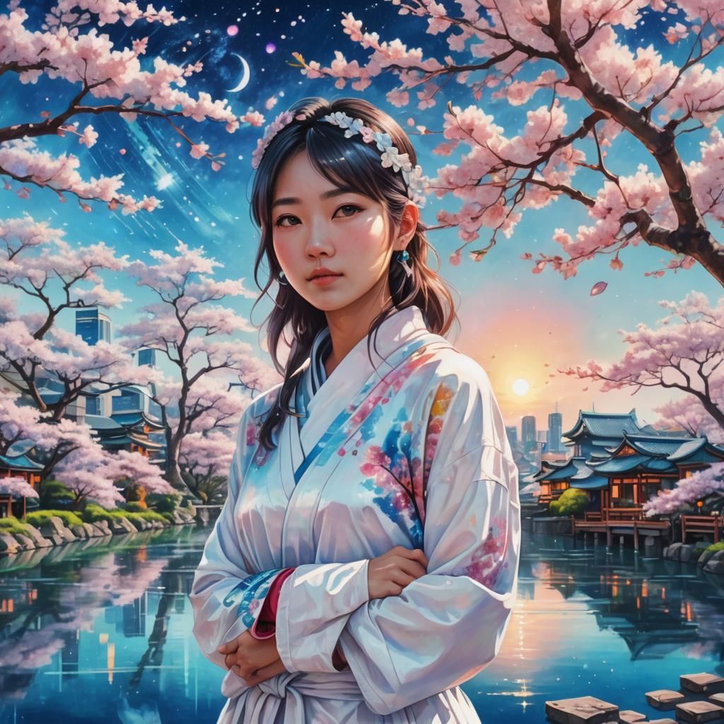 Futuristic Japanese Girl in Cityscape with Holographic Illus...