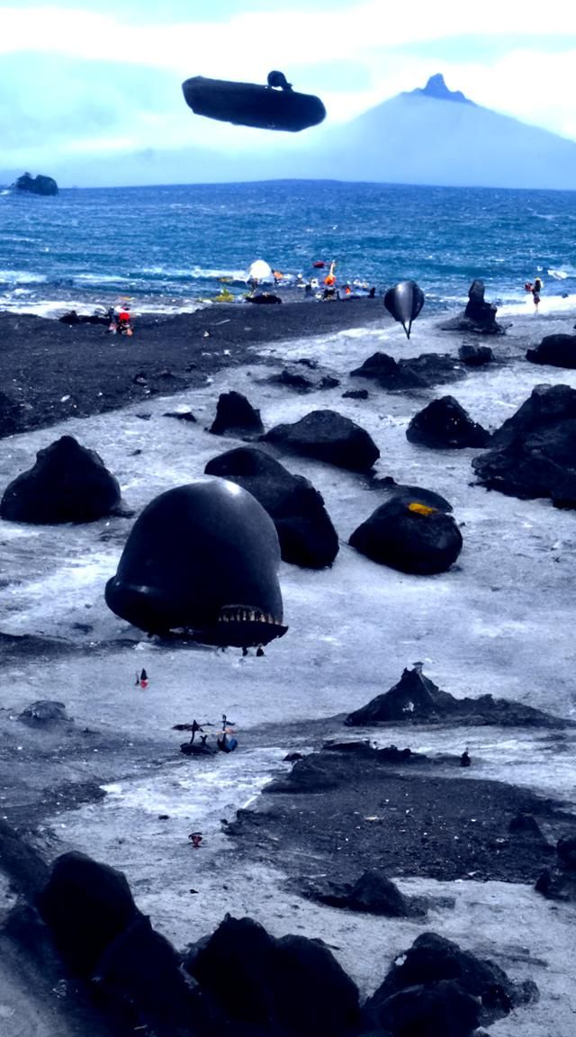 Black Sand Beach with Distant Airships