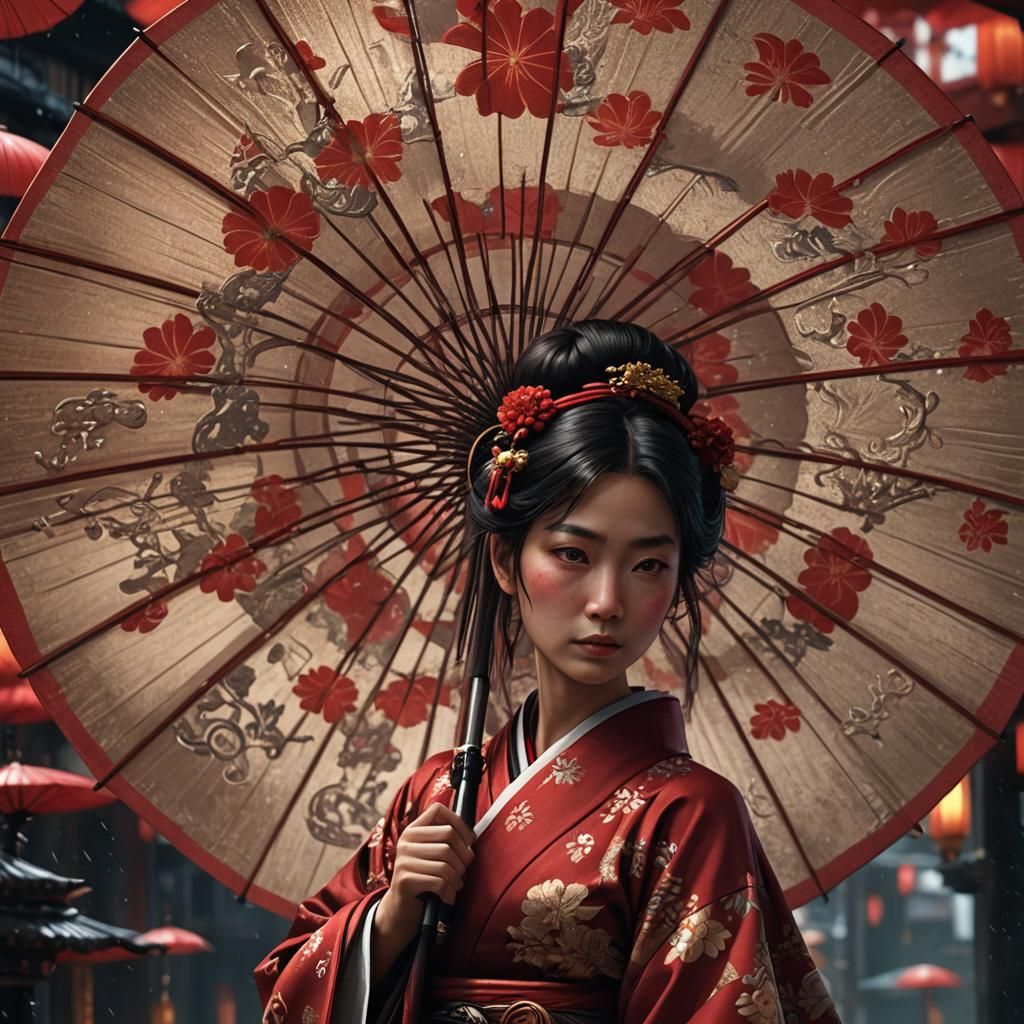 Crimson Kimono: Dark Fantasy Japanese Woman