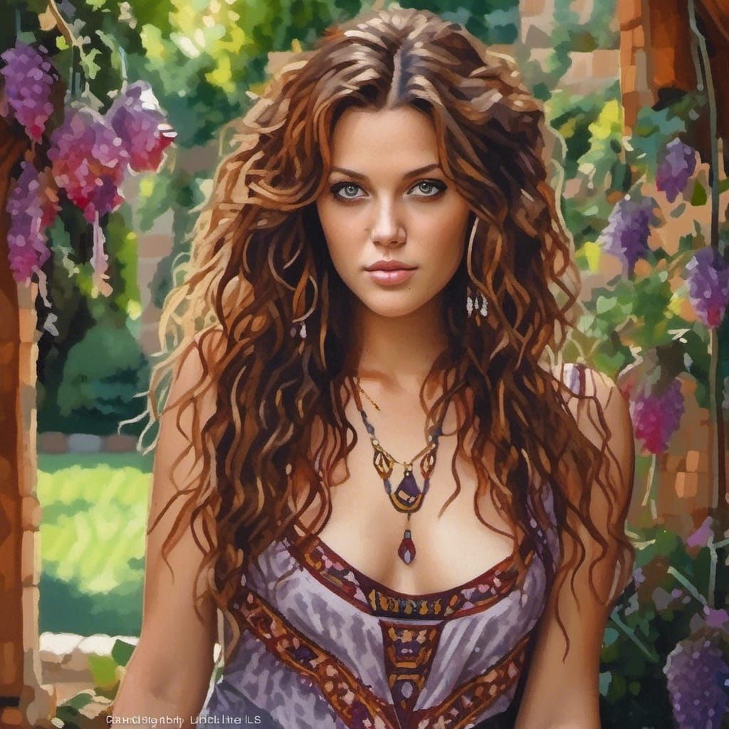 Beautiful Gypsy Woman in Lush Garden, Watercolor Oil Paintin...