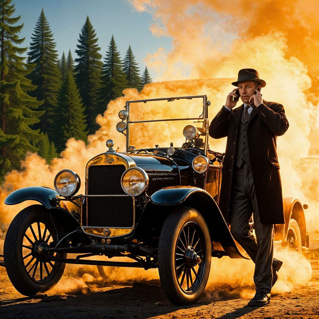 Anguished Man with Cellphone Near Steaming Model-T