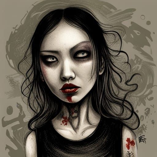 Disturbing Asian Girl Portrait in Junji Ito Style