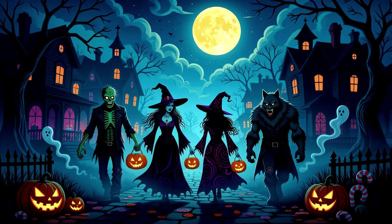 Undead Halloween Night Scene in Zentangle Style