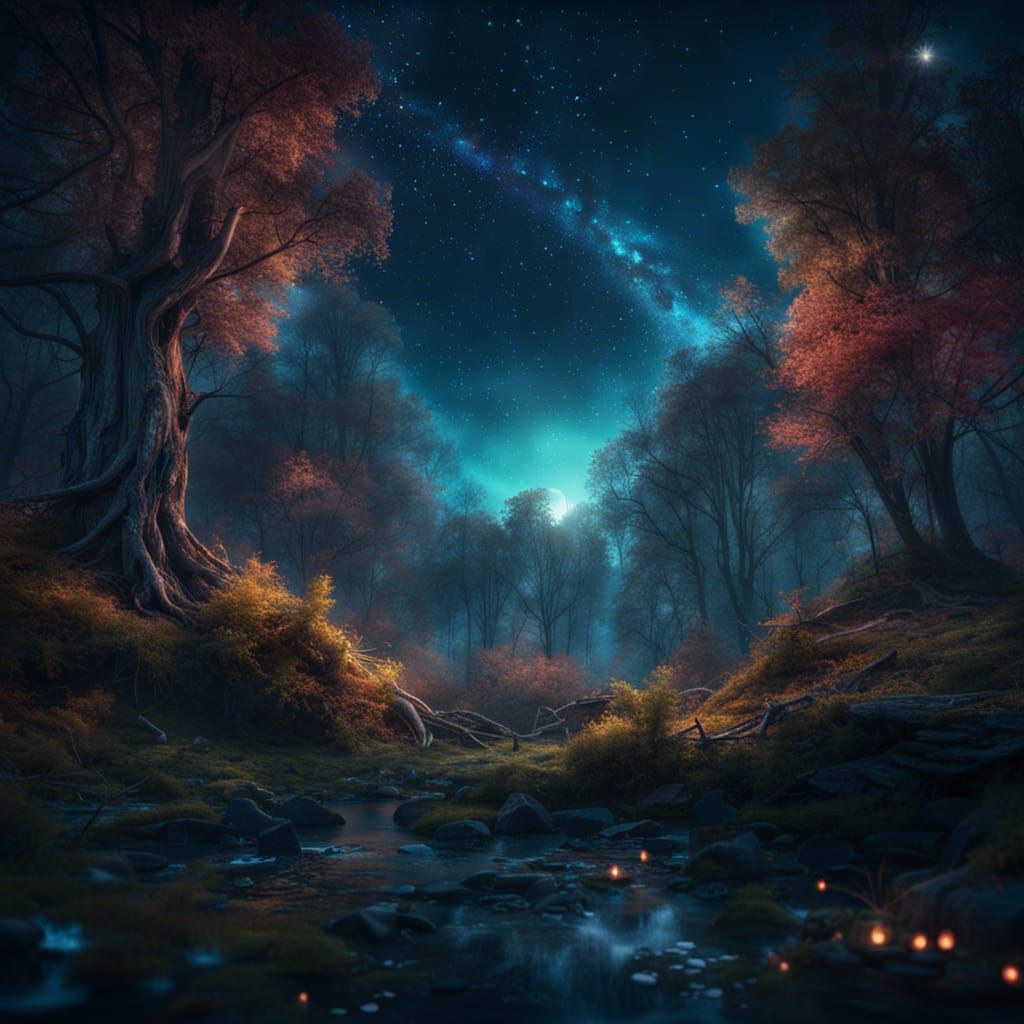 Mystical Forest Under Starry Night Sky