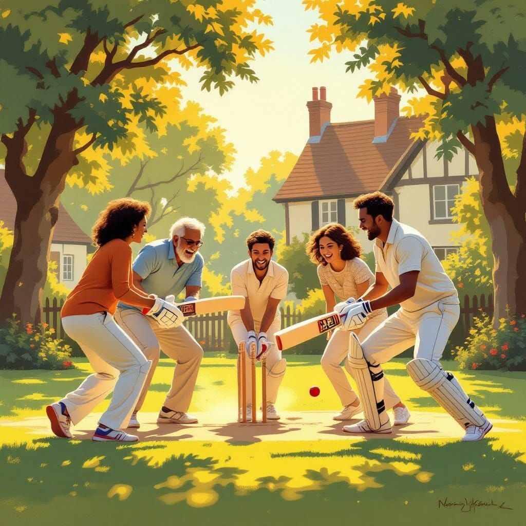 Joyful Friends Playing Cricket in Golden Hour Light