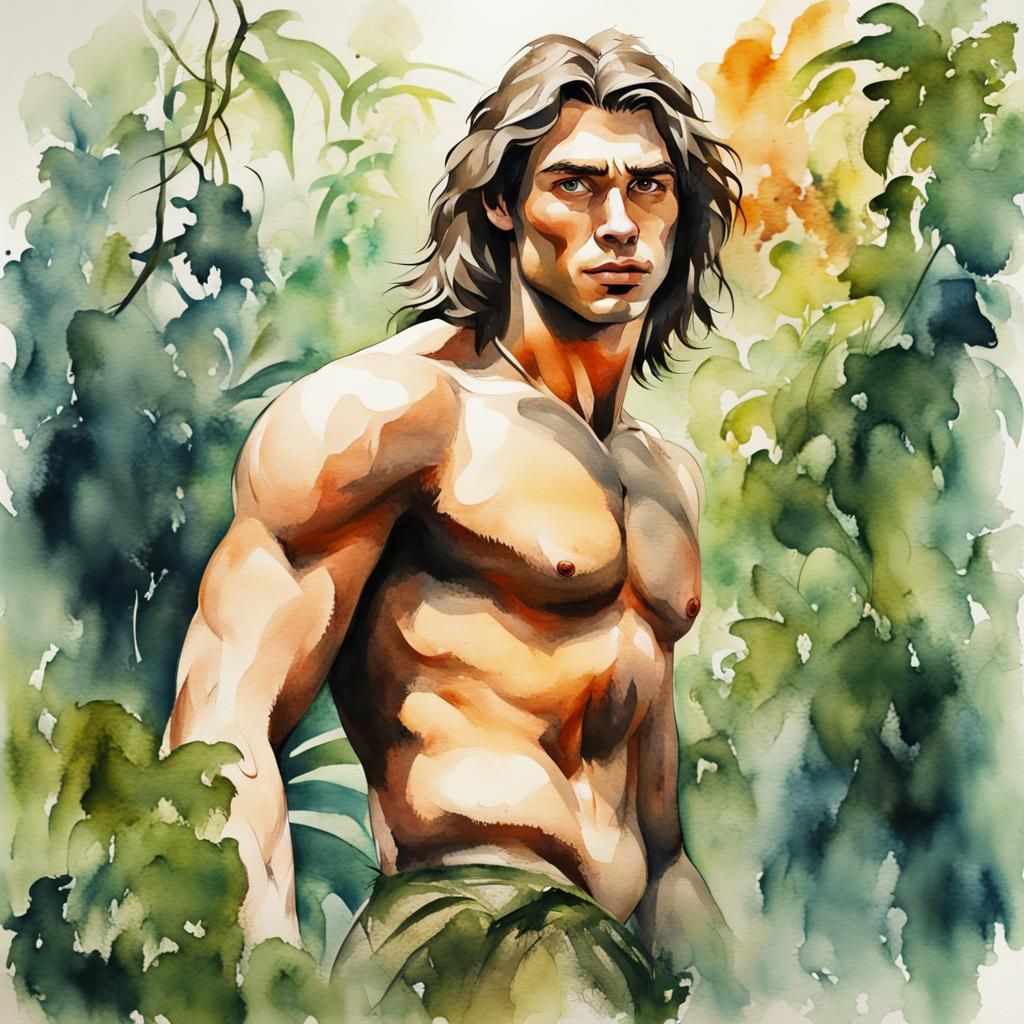 Watercolor Painting of Tarzan Swinging Through Jungle