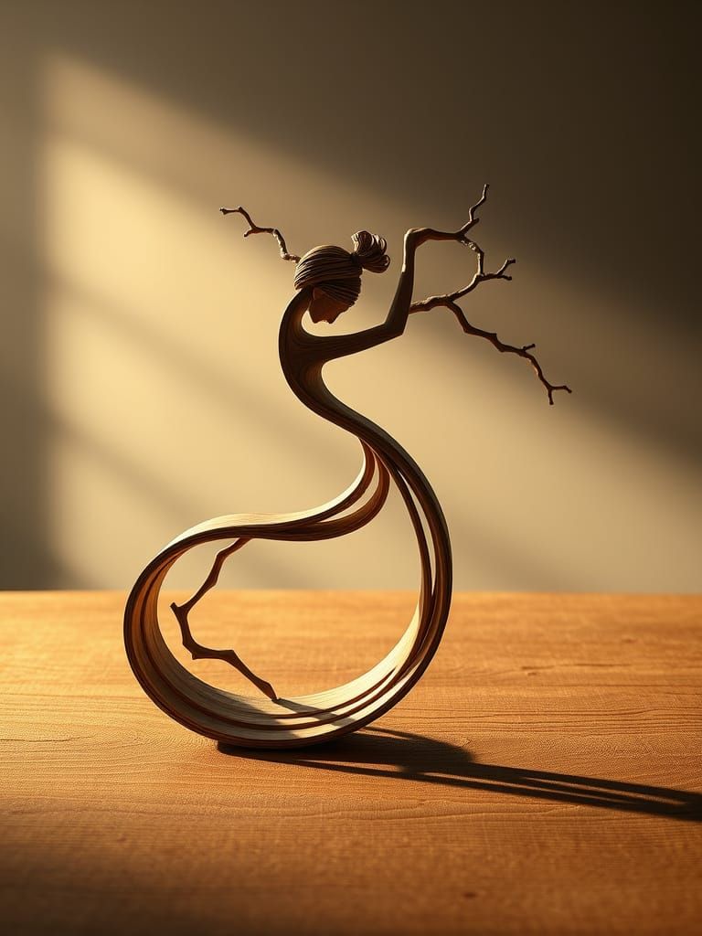 Zen Surrealist Dancer with Fractal Branches and Wood Arcs