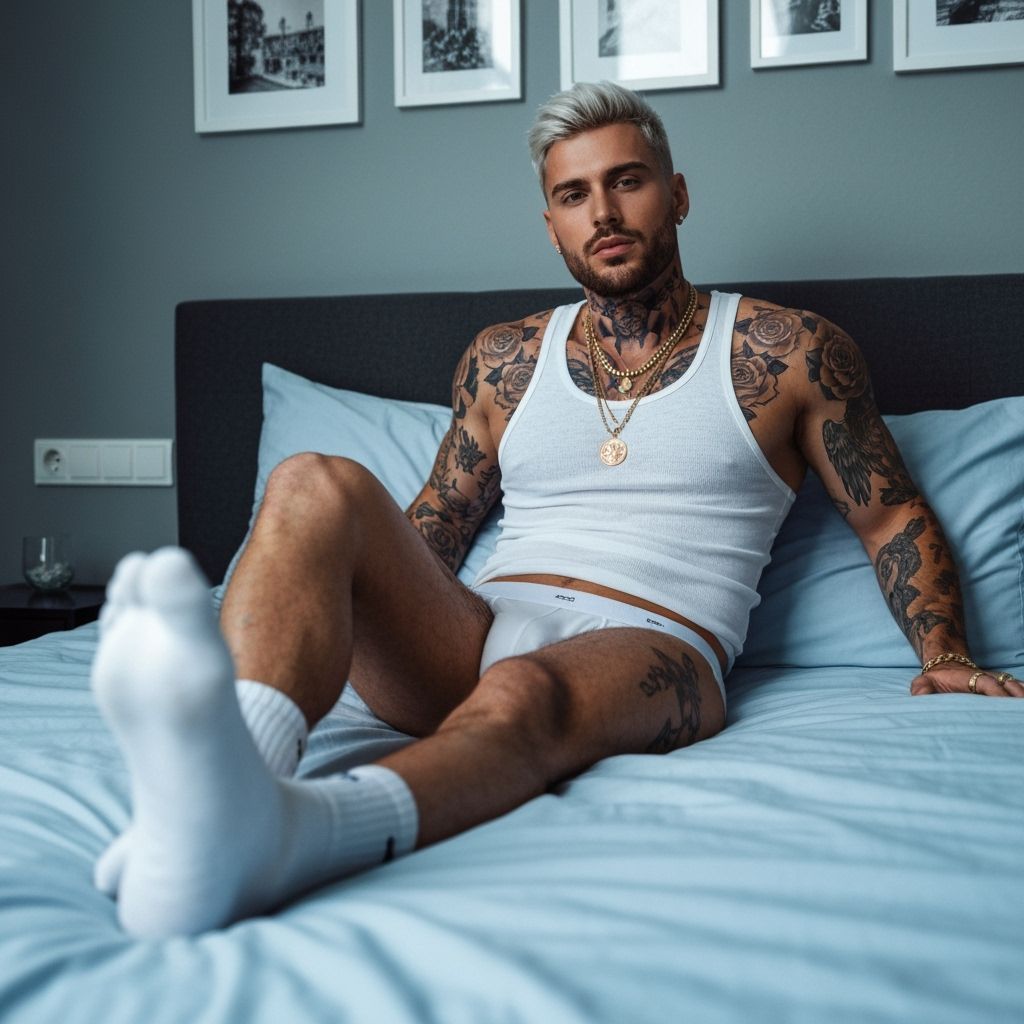 Man Relaxing in Modern Bedroom with Athletic Physique