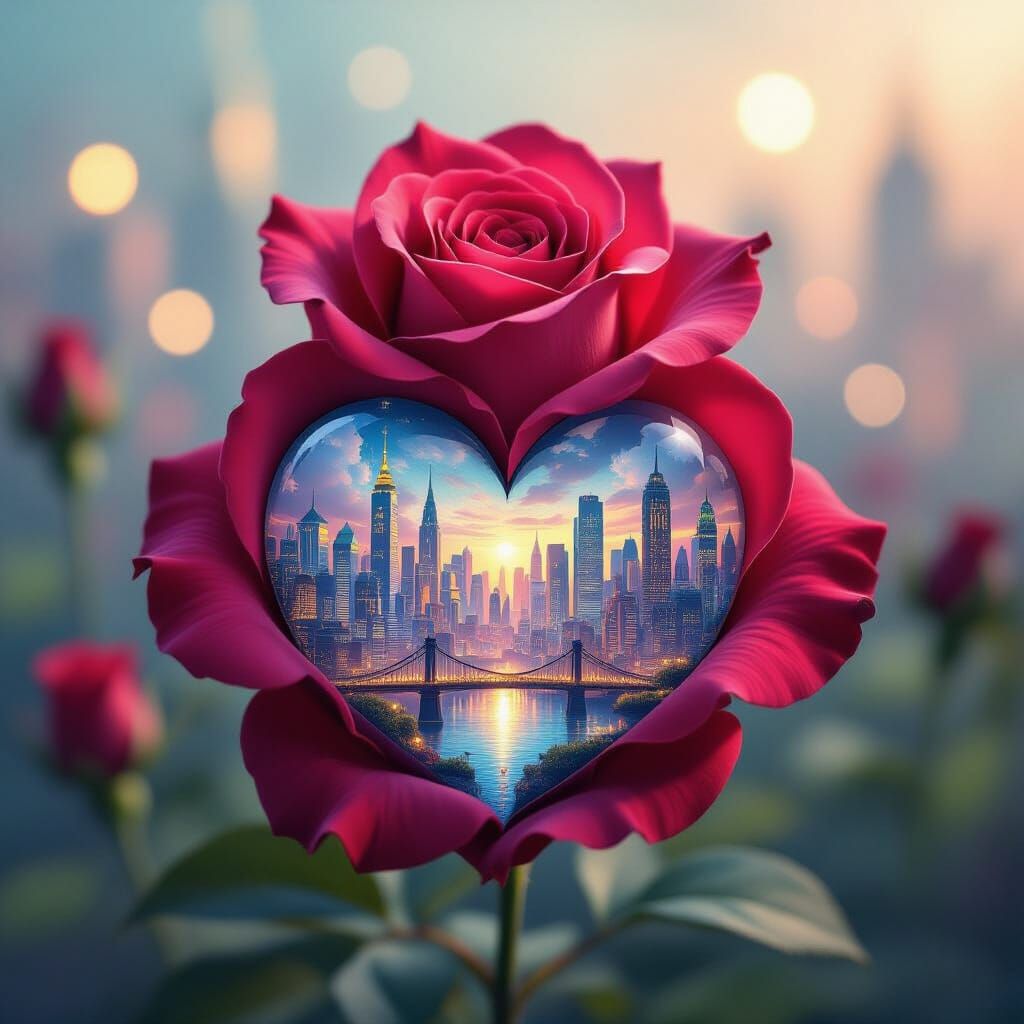 Crimson Rose Holds Miniature Cityscape in Dreamlike Realism