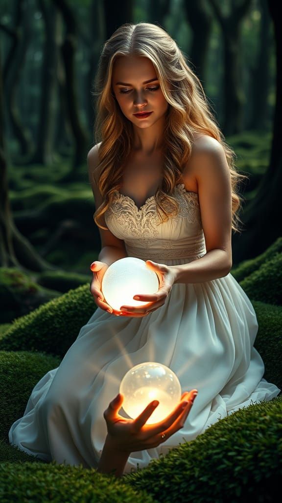 Young Woman Finds Glowing Orb in Mystical Forest