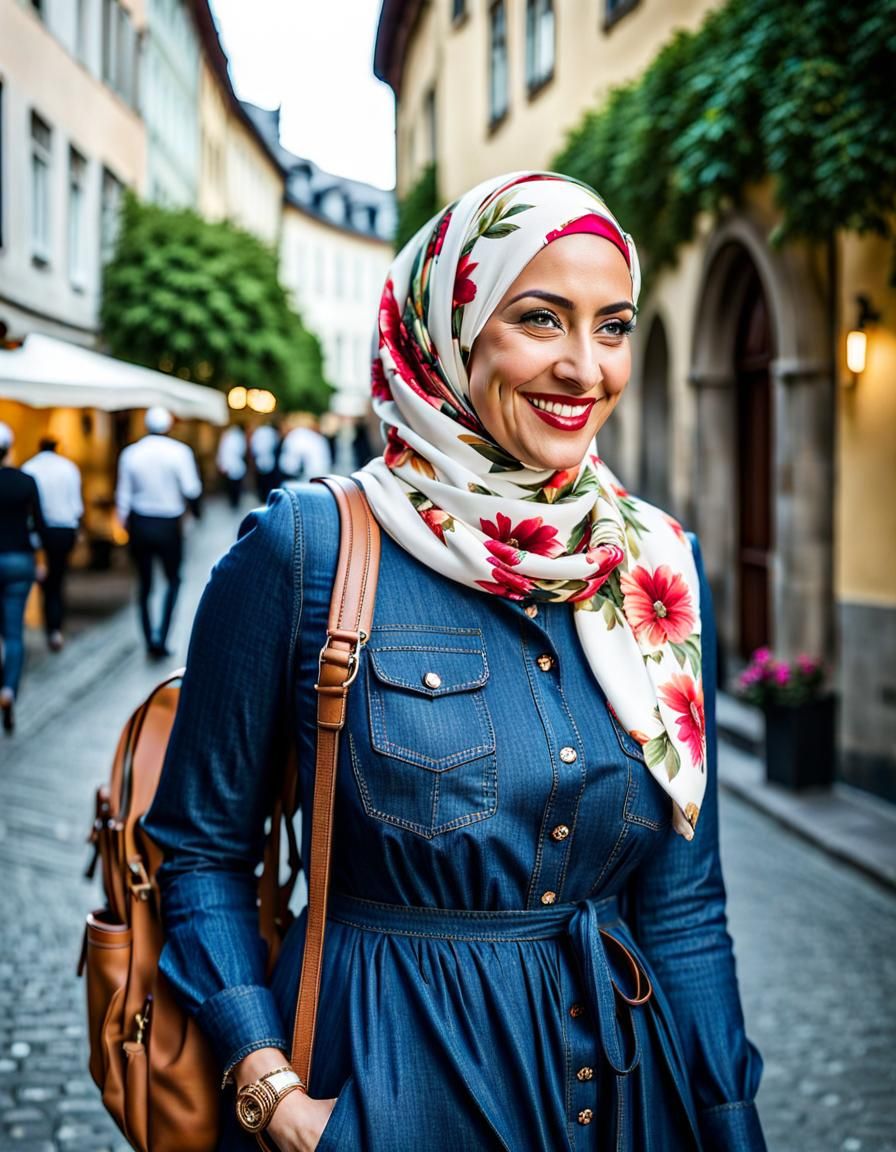 Curvy Woman in Hijab Exploring City as Oil Painting