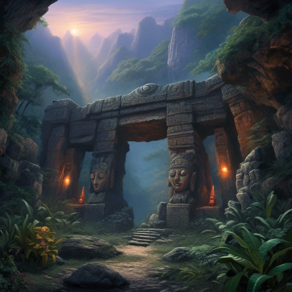 Mayan Cave Entrance in Jungle Twilight